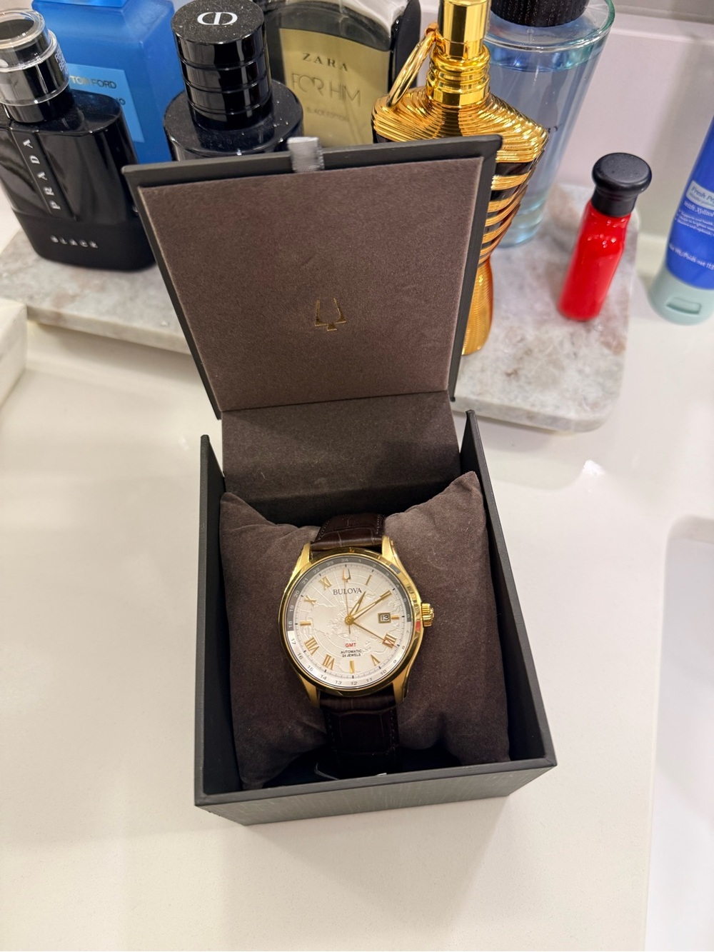 Prada Gold-Tone Men's Watch with Brown Leather Strap
